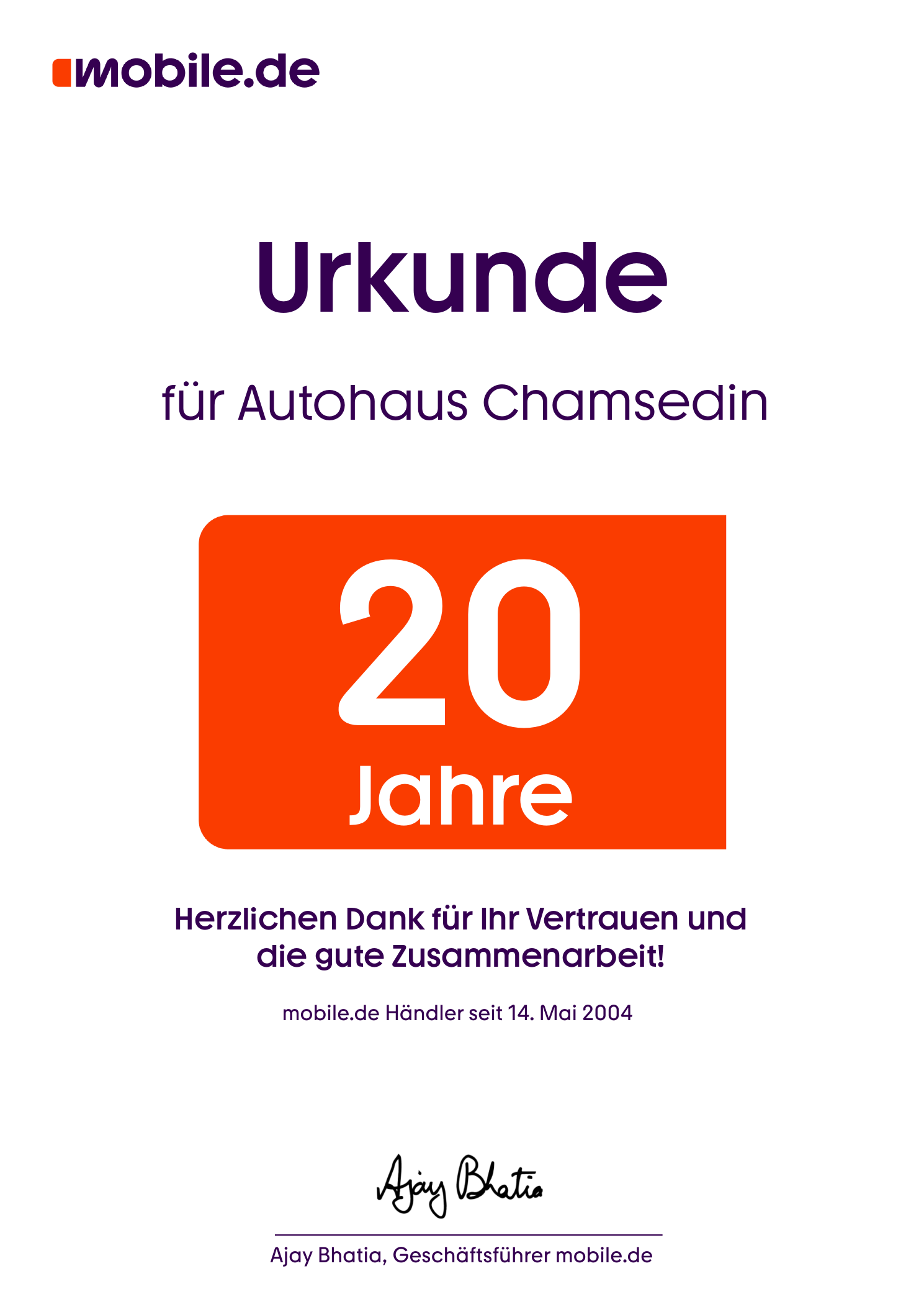 mobile.de-Urkunde für Autohaus Chamsedin: 20 Jahre, Händler seit 14. Mai 2004
